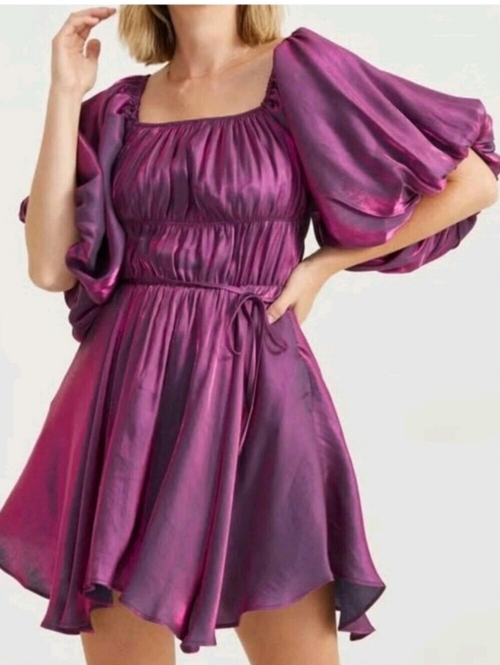 Altar'd State Shimmery Purple Holographic Puff Sleeve Dress
